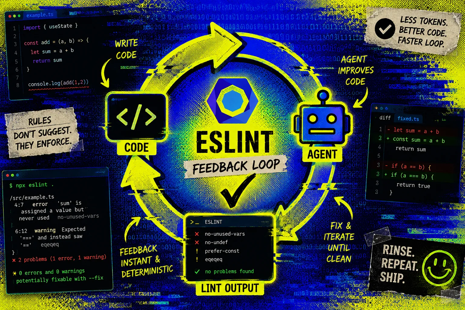 Duotone glitch collage: a code tag, a checkmark, and a robot cycling through a feedback loop