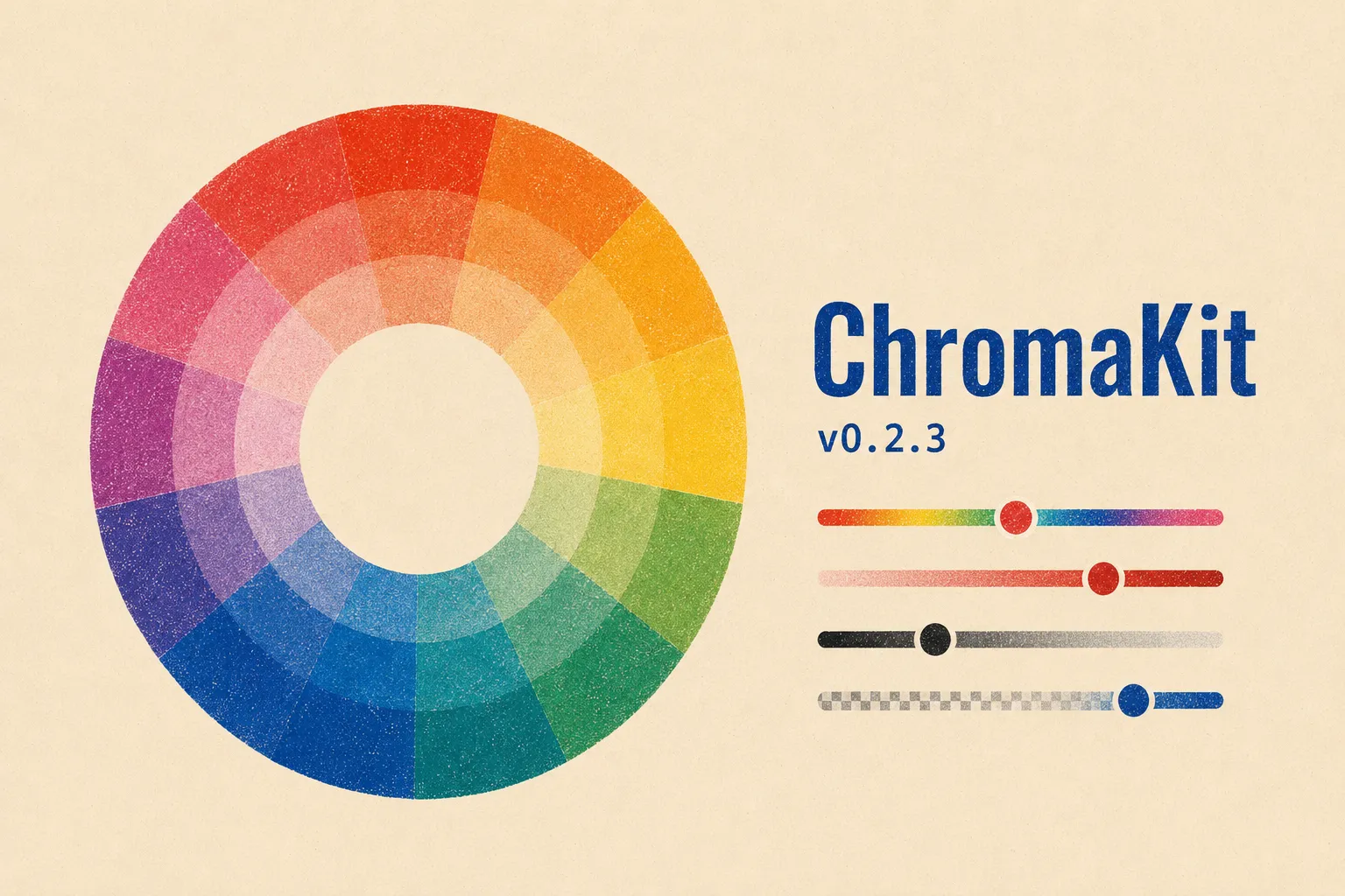 Bold two-color print of a color wheel and slider controls