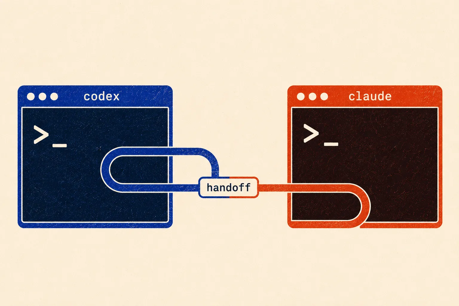 Two terminal windows joined by a single continuous handoff path in bold two-color print