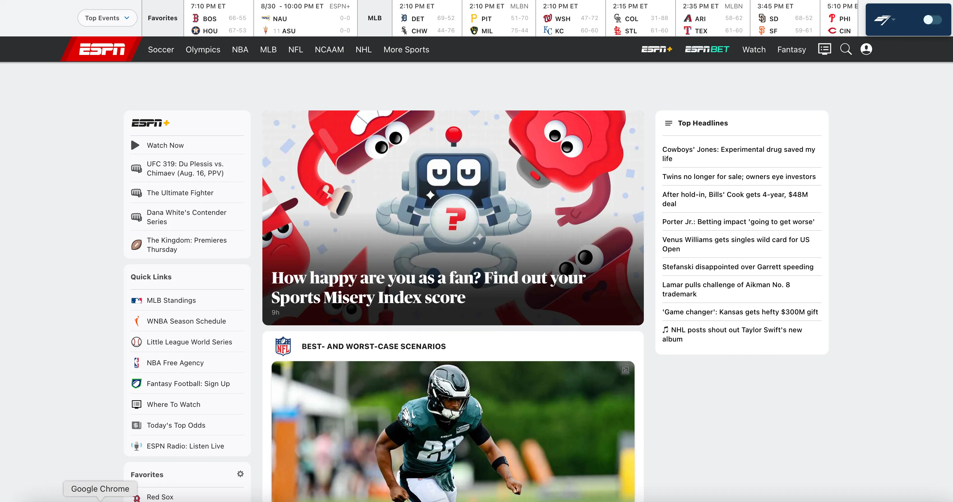 Sports Misery Index featured at the top of ESPN’s homepage