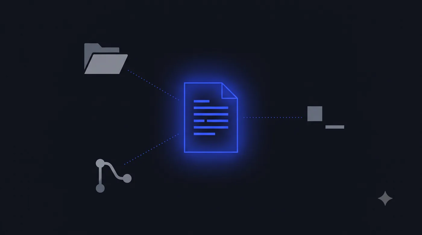 A single handoff file radiating context to a folder, a git diff, and a terminal cursor