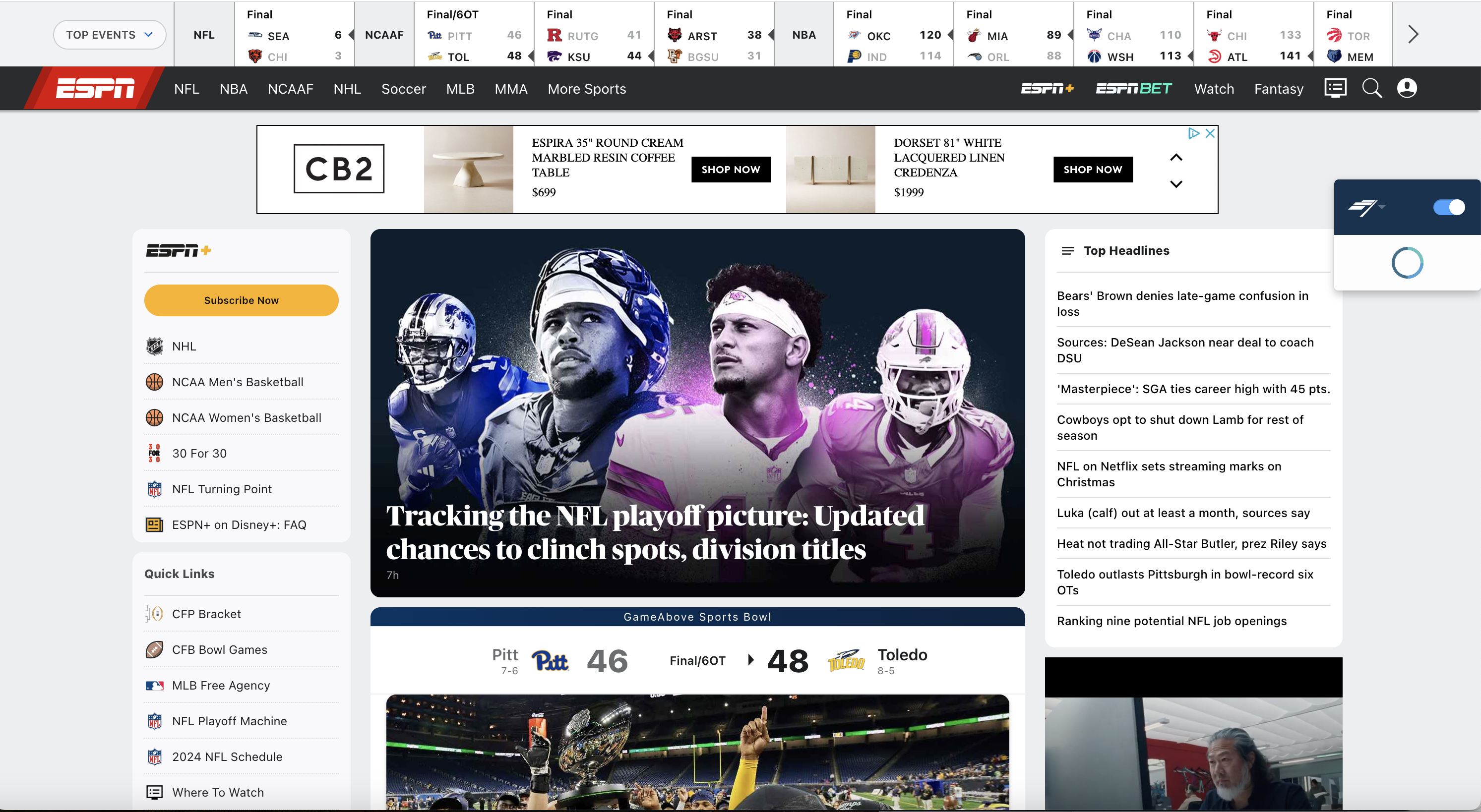ESPN.com homepage with 2024 Live NFL Playoff Picture Projections leading page 1